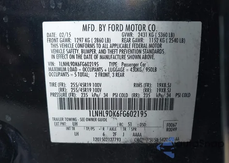 2015 Lincoln Mks z USA, uszkodzony, nr VIN 1LNHL9DK6FG602195